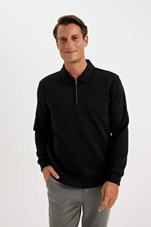 DeFacto Regular Fit Polo Yaka Yarım Fermuarlı Basic Düz Sweatshirt D2279AX24AUBK81