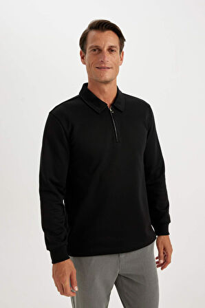 DeFacto Regular Fit Polo Yaka Yarım Fermuarlı Basic Düz Sweatshirt D2279AX24AUBK81