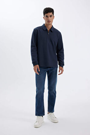 Regular Fit Polo Yaka Yarım Fermuarlı Basic Düz Sweatshirt