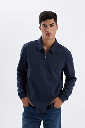 Regular Fit Polo Yaka Yarım Fermuarlı Basic Düz Sweatshirt