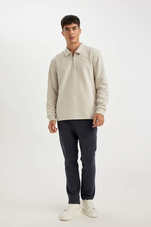 DeFacto Regular Fit Polo Yaka Yarım Fermuarlı Basic Düz Sweatshirt D2279AX24AUGR425