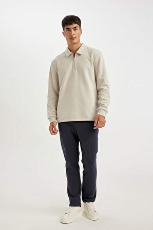 Regular Fit Polo Yaka Yarım Fermuarlı Basic Düz Sweatshirt