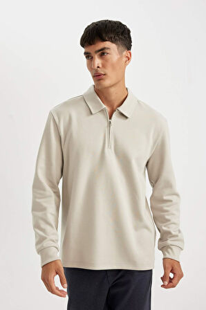 Regular Fit Polo Yaka Yarım Fermuarlı Basic Düz Sweatshirt