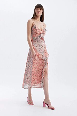 DeFacto Babydoll V Yaka Desenli Askılı Maxi Elbise D1328AX24SMPN255