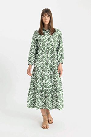 DeFacto Relax Fit Gömlek Yaka Desenli Poplin Uzun Kollu Maxi Elbise D0569AX24HSGN751
