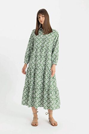 DeFacto Relax Fit Gömlek Yaka Desenli Poplin Uzun Kollu Maxi Elbise D0569AX24HSGN751