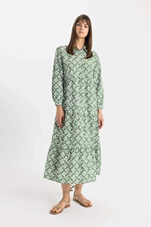 DeFacto Relax Fit Gömlek Yaka Desenli Poplin Uzun Kollu Maxi Elbise D0569AX24HSGN751