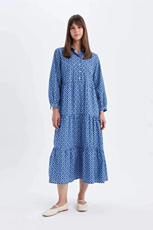 DeFacto Relax Fit Gömlek Yaka Desenli Poplin Uzun Kollu Maxi Elbise D0569AX24HSBE389