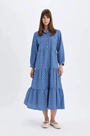 DeFacto Relax Fit Gömlek Yaka Desenli Poplin Uzun Kollu Maxi Elbise D0569AX24HSBE389