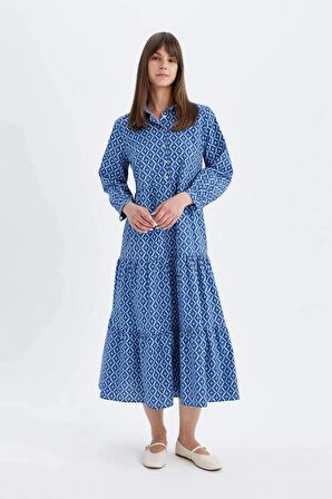 DeFacto Relax Fit Gömlek Yaka Desenli Poplin Uzun Kollu Maxi Elbise D0569AX24HSBE389