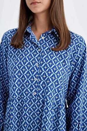 DeFacto Relax Fit Gömlek Yaka Desenli Poplin Uzun Kollu Maxi Elbise D0569AX24HSBE389