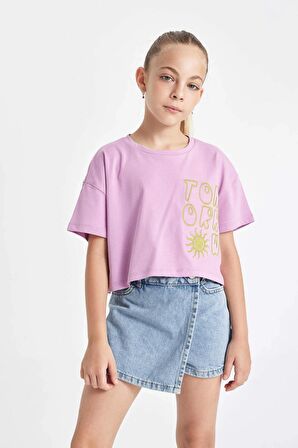 DeFacto Kız Çocuk Crop Bisiklet Yaka Baskılı Kısa Kollu Tişört C4506A824SMPR61