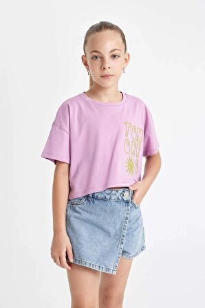 DeFacto Kız Çocuk Crop Bisiklet Yaka Baskılı Kısa Kollu Tişört C4506A824SMPR61