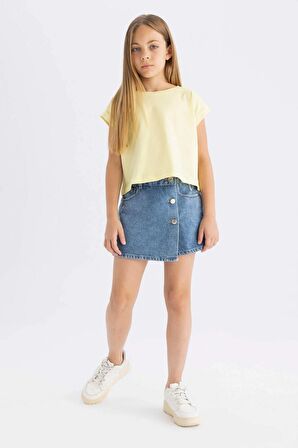 DeFacto Kız Çocuk Boxy Fit Bisiklet Yaka Basic Düz Kısa Kollu Tişört C4511A824SMYL270