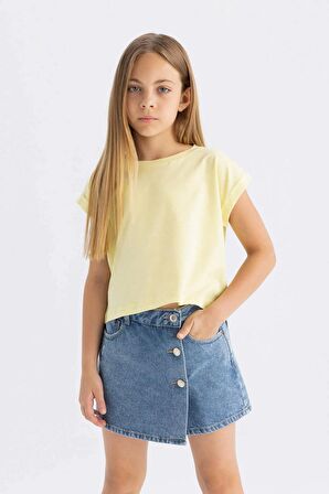 DeFacto Kız Çocuk Boxy Fit Bisiklet Yaka Basic Düz Kısa Kollu Tişört C4511A824SMYL270