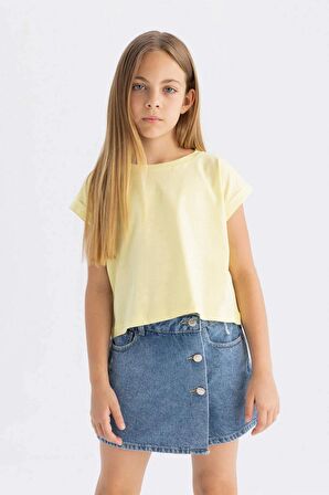 DeFacto Kız Çocuk Boxy Fit Bisiklet Yaka Basic Düz Kısa Kollu Tişört C4511A824SMYL270