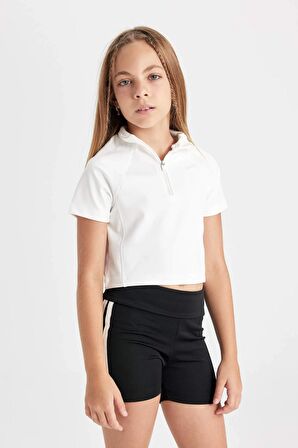 DeFacto Kız Çocuk Relax Fit Dik Yaka Fermuarlı Kısa Kollu Tişört D3634A824SMER100