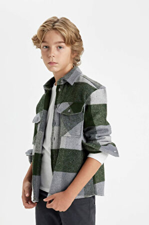 DeFacto Erkek Çocuk Oversize Geniş Kalıp Kareli Polo Yaka Flanel Uzun Kollu Gömlek C9732A824WNKH450