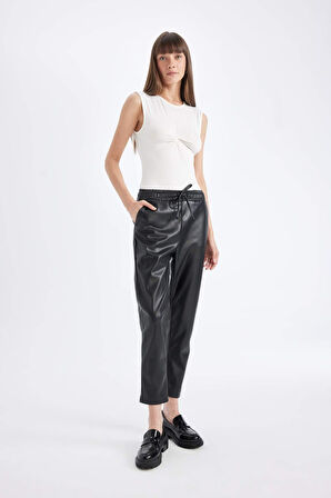 Jogger Fit Cepli Yüksek Bel Suni Deri Pantolon