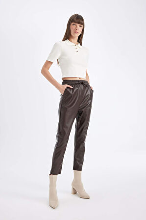 Jogger Fit Cepli Yüksek Bel Suni Deri Pantolon
