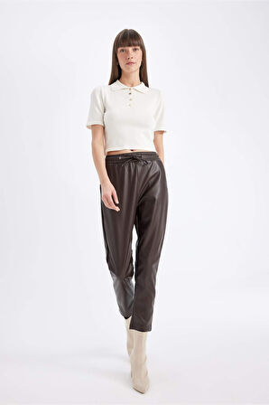 Jogger Fit Cepli Yüksek Bel Suni Deri Pantolon