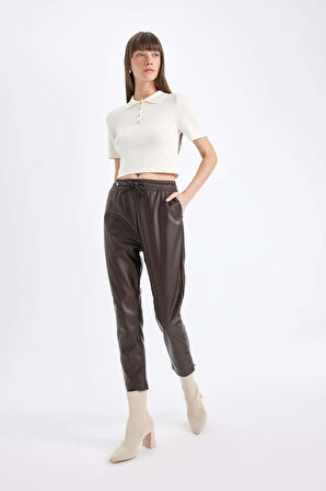Jogger Fit Cepli Yüksek Bel Suni Deri Pantolon
