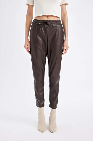Jogger Fit Cepli Yüksek Bel Suni Deri Pantolon