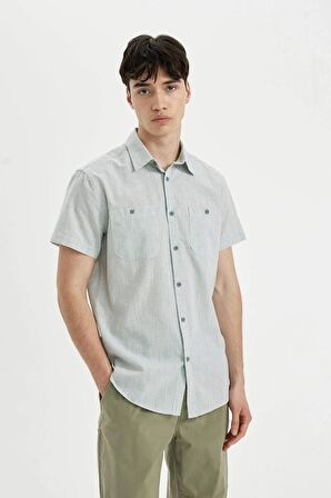 DeFacto Slim Fit Dar Kesim Yazlık Çizgili Pamuklu Kısa Kollu Gömlek C7361AX24SMGN1015