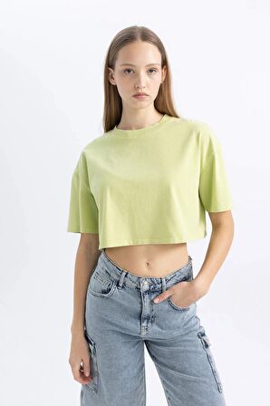 DeFacto Coool Crop Yıkamalı Soluk Efektli Basic Kısa Kollu Tişört C5432AX24SMGN619