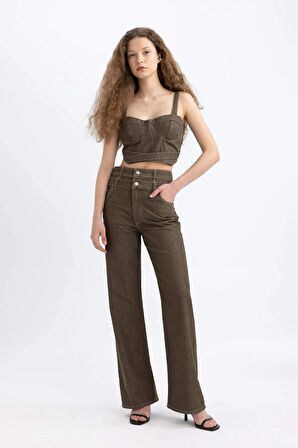 Afra x DeFacto 90's Wide Leg Yüksek Bel Uzun Dokuma Jean Pantolon