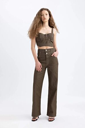 Afra x DeFacto 90's Wide Leg Yüksek Bel Uzun Dokuma Jean Pantolon