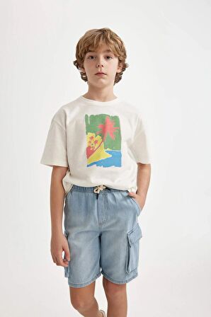 DeFacto Erkek Çocuk Oversize Geniş Kalıp Bisiklet Yaka Baskılı Kısa Kollu Tişört C4046A824SMER85