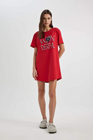 DeFacto Regular Fit Bisiklet Yaka Baskılı Kısa Kollu Gecelik-Fall in Love C1737AX24SMRD256