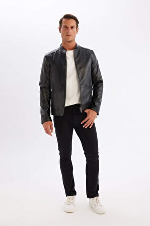 DeFacto Slim Fit Dik Yaka Astarlı Suni Deri Mont C5632AX24AUBK27