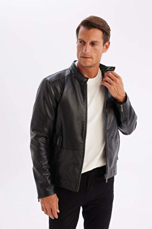 DeFacto Slim Fit Dik Yaka Astarlı Suni Deri Mont C5632AX24AUBK27