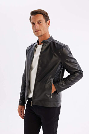 DeFacto Slim Fit Dik Yaka Astarlı Suni Deri Mont C5632AX24AUBK27