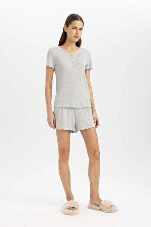 DeFacto Fall in Love Pijama Takım Ribana Kısa Kollu Beli Lastikli Şort Alt B8685AX24SMGR93