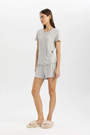 DeFacto Fall in Love Pijama Takım Ribana Kısa Kollu Beli Lastikli Şort Alt B8685AX24SMGR93