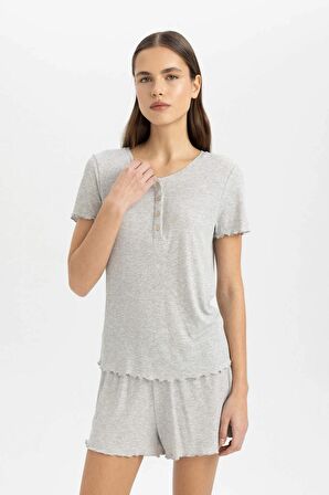 DeFacto Fall in Love Pijama Takım Ribana Kısa Kollu Beli Lastikli Şort Alt B8685AX24SMGR93