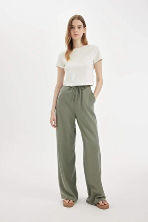 DeFacto Keten Karışımlı Pantolon Wide Leg Geniş Bol Paça Üç Cepli Normal Bel Basic Düz Standart Boy	 C4545AX24SMKH496