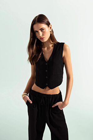 DeFacto Regular Fit Keten Karışımlı Blazer Yelek Z8525AZ24SMBK27