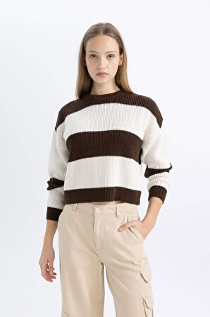 DeFacto Coool Oversize Fit Bisiklet Yaka Çizgili Triko Kazak X4931AZ24WNBN540