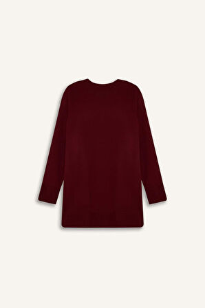 Regular Fit Bisiklet Yaka Basic Düz Triko Bordo Kazak Tunik	