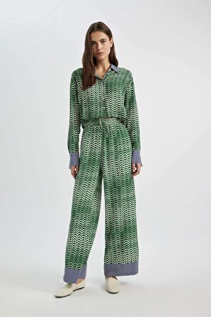 DeFacto Wide Leg Maroken Kumaş Pantolon Geniş Bol Paça Desenli Yüksek Bel Uzun Boy C6194AX24SMGN500