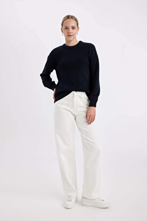 Kadın Regular Fit Bisiklet Yaka Selanik Kumaş Basic Düz Triko Kazak