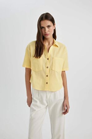 DeFacto Oversize Fit Gömlek Yaka Keten Karışımlı Kısa Kollu Bluz C6193AX24SMYL118