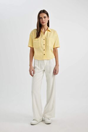 DeFacto Oversize Fit Gömlek Yaka Keten Karışımlı Kısa Kollu Bluz C6193AX24SMYL118