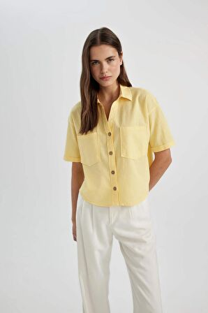 DeFacto Oversize Fit Gömlek Yaka Keten Karışımlı Kısa Kollu Bluz C6193AX24SMYL118