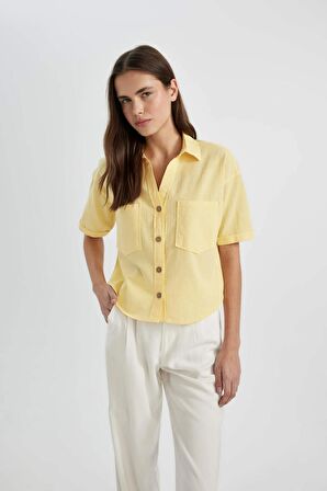 DeFacto Oversize Fit Gömlek Yaka Keten Karışımlı Kısa Kollu Bluz C6193AX24SMYL118