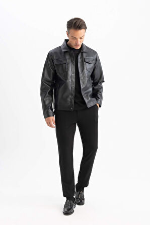 Su İtici Slim Fit Çıtçıtlı Mont Dar Kesim Suni Deri Gömlek Yaka Cepli